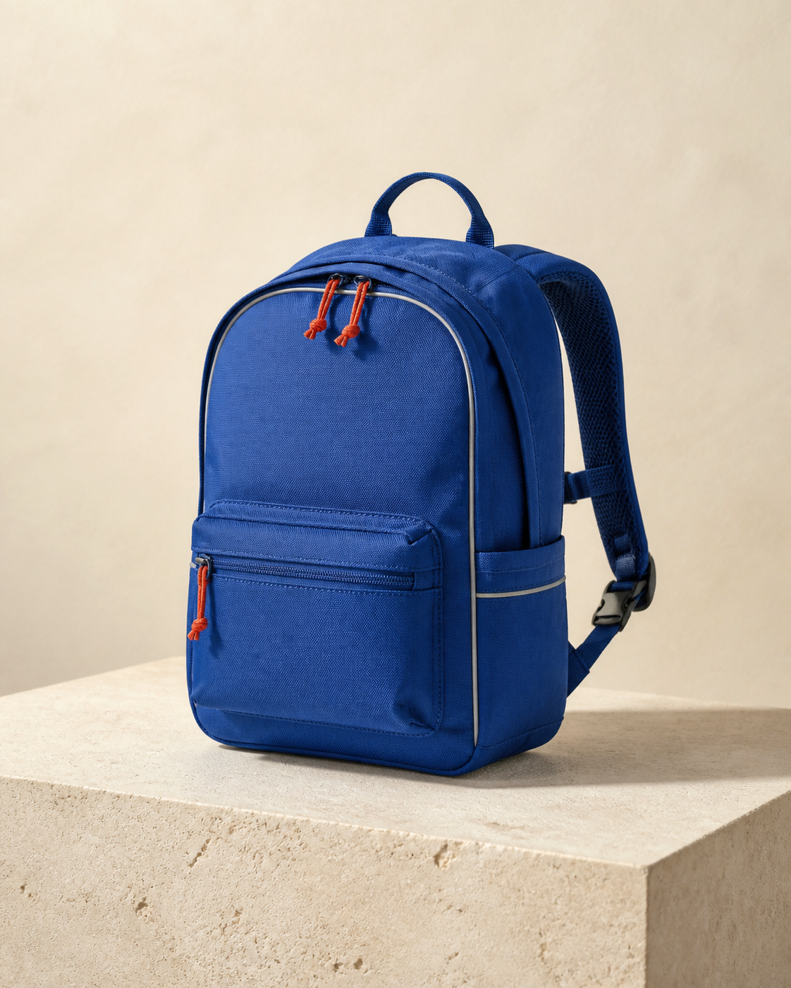 Tomei Junior 12 in Signal Blue, a 12 litre small shoulders, real engineering bag, photographed on a stone plinth