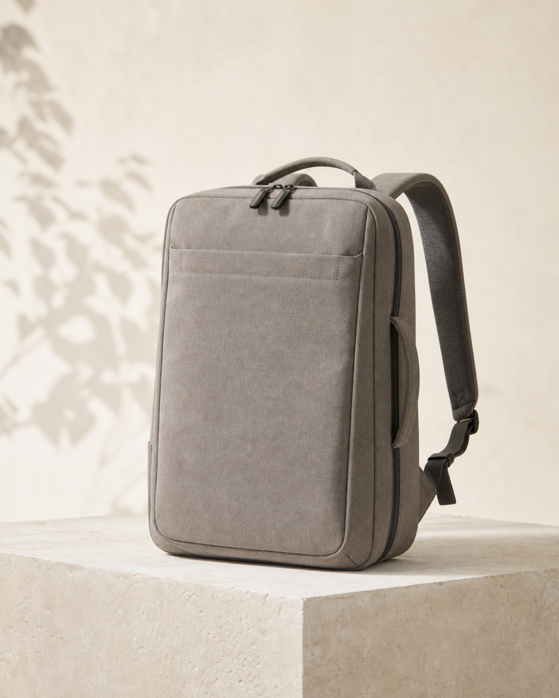 Tomei Camera 24 in Stone Grey, a 24 litre a camera bag that does not announce itself bag, photographed on a stone plinth