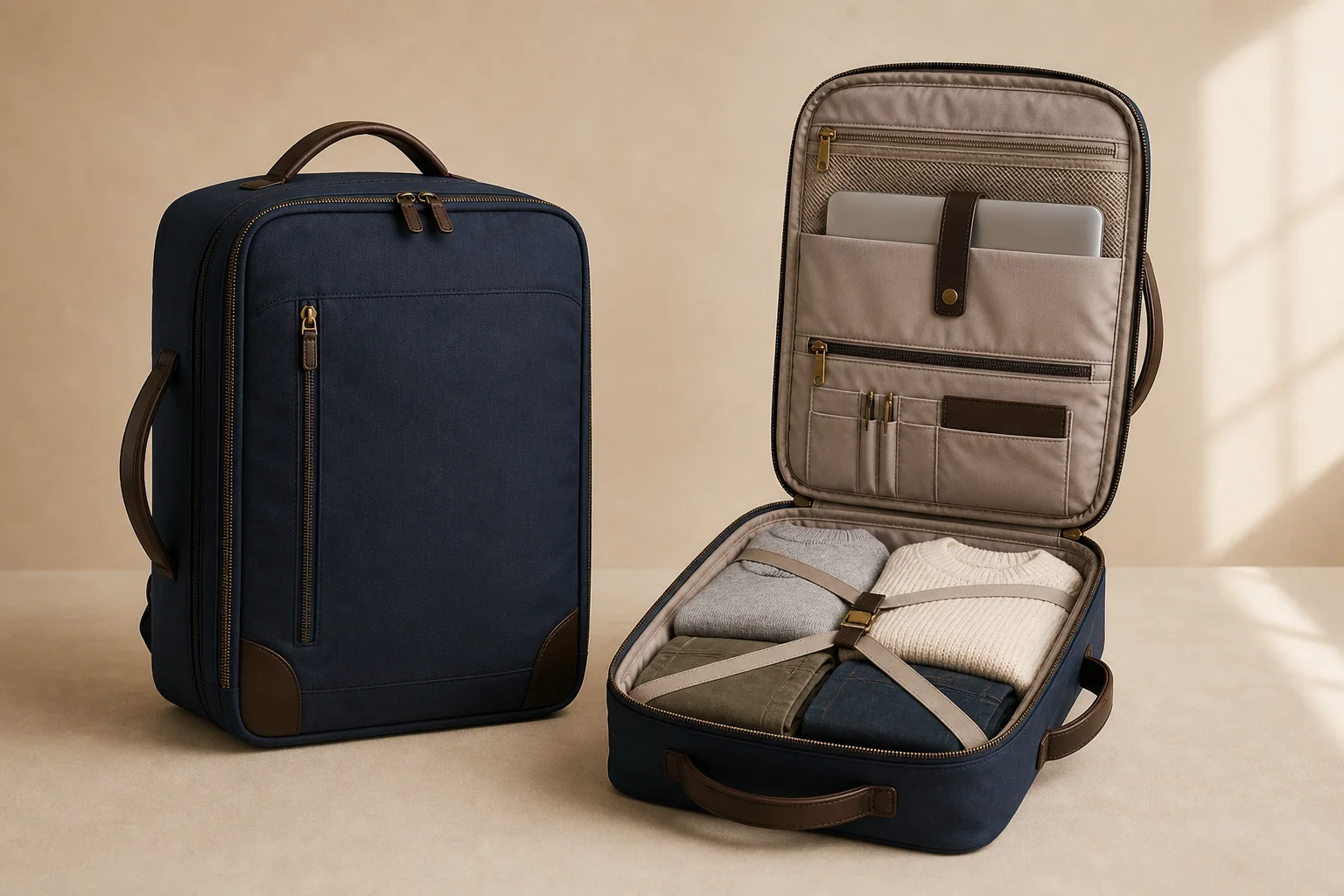 Tomei Cabin 35 (TOMEI-C35-NVY), the closed 35 litre bag in Deep Navy canvas with leather trim.
