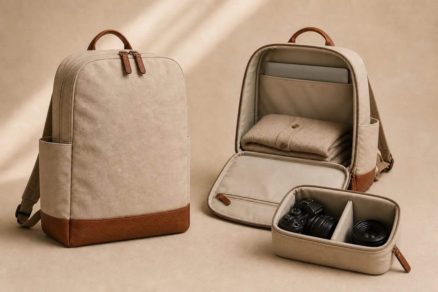 Tomei Camera 24 (TOMEI-P24-STN), the closed 24 litre bag in Warm Stone canvas with leather trim.