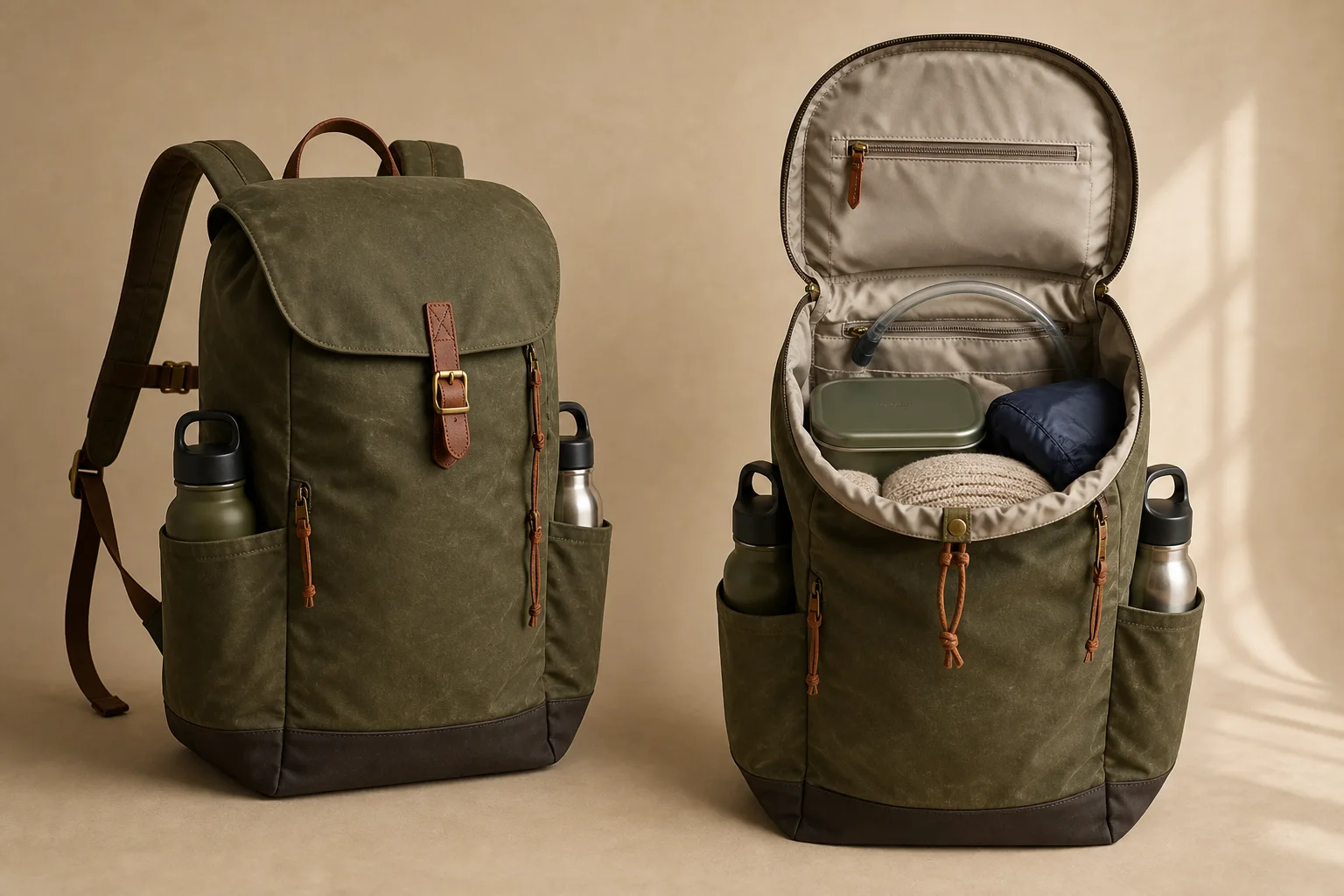 Tomei Roam 22 (TOMEI-R22-MOS), the closed 22 litre bag in Moss canvas with leather trim.