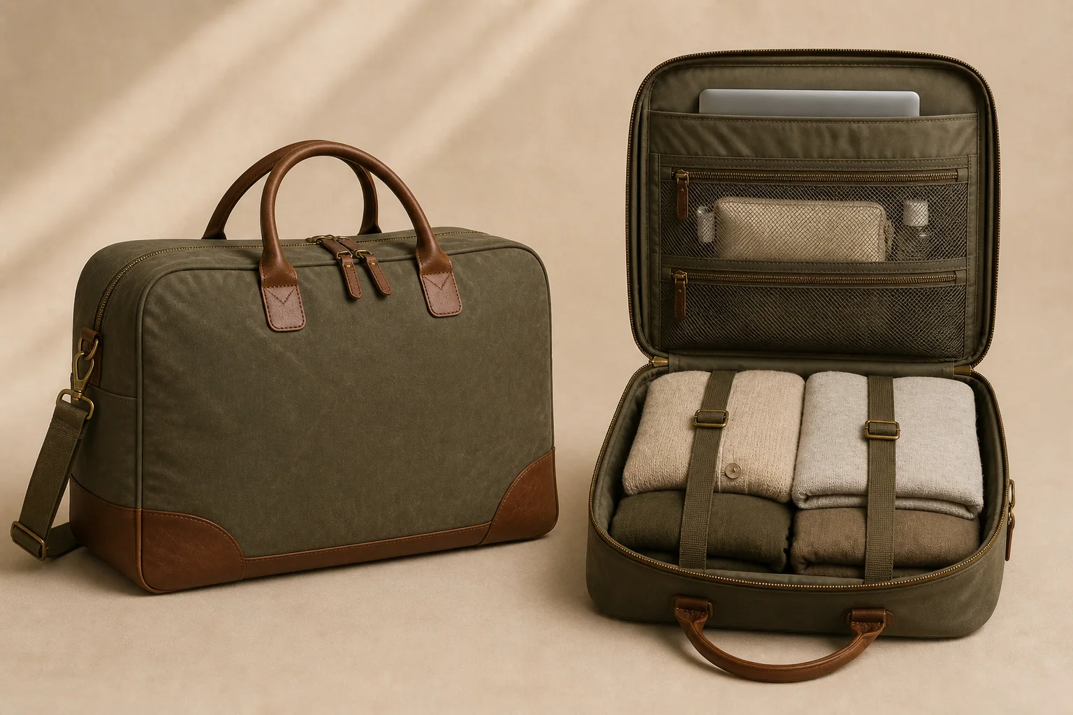 Tomei Weekender 28 (TOMEI-W28-OLV), the closed 28 litre bag in Olive Wax canvas with leather trim.